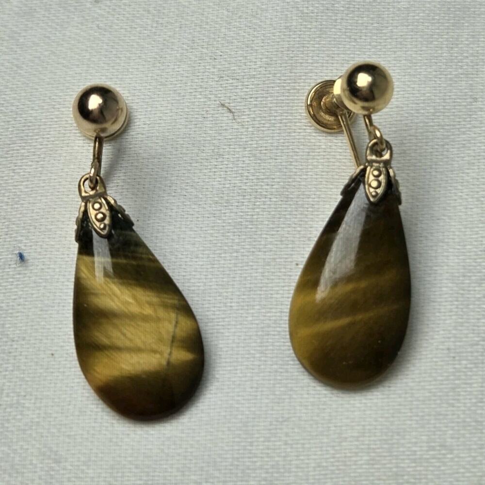 Tiger's Eye Earrings Women OS Brown Gold‎ Filled Teardrop Screw Back Vintage